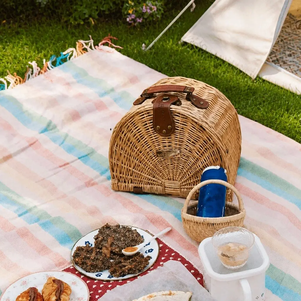 Semi Round Picnic Basket Handmade Outdoor Dining Portable Carry Food Storage