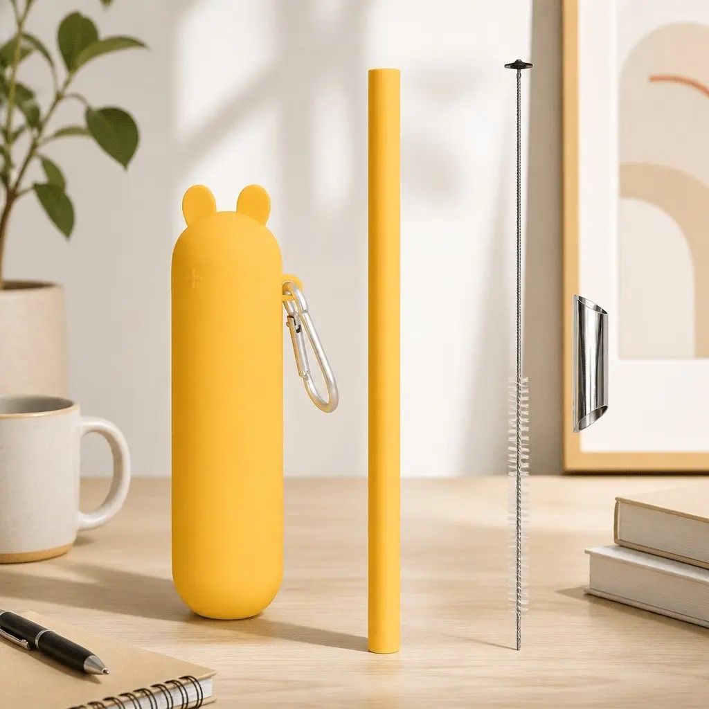 Reusable Extra Wide Bubble Tea Straw Set with Cleaner and Travel Case Yellow