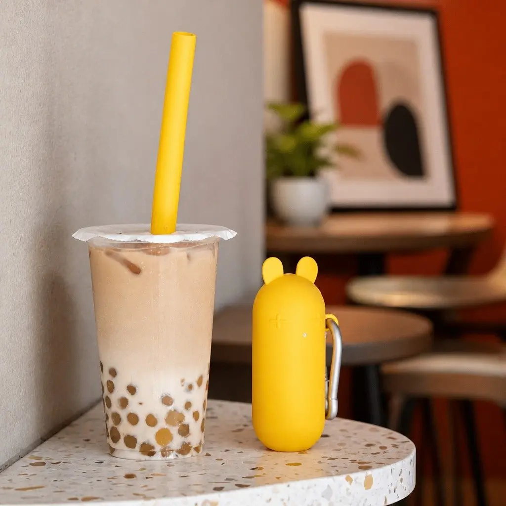 Reusable Extra Wide Bubble Tea Straw Set with Cleaner and Travel Case Yellow