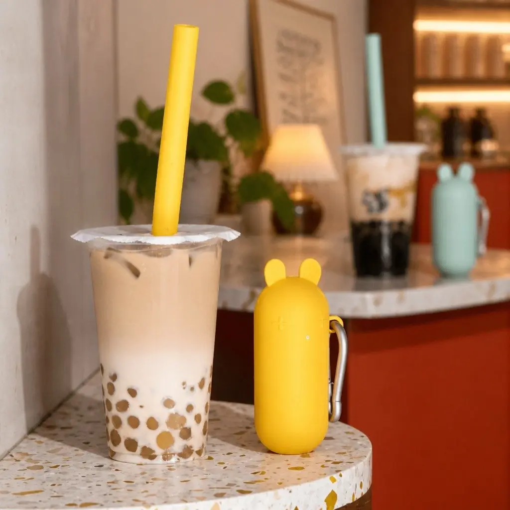 Reusable Bubble Tea Straw Extra Wide with Travel Case Cleaner Carabiner