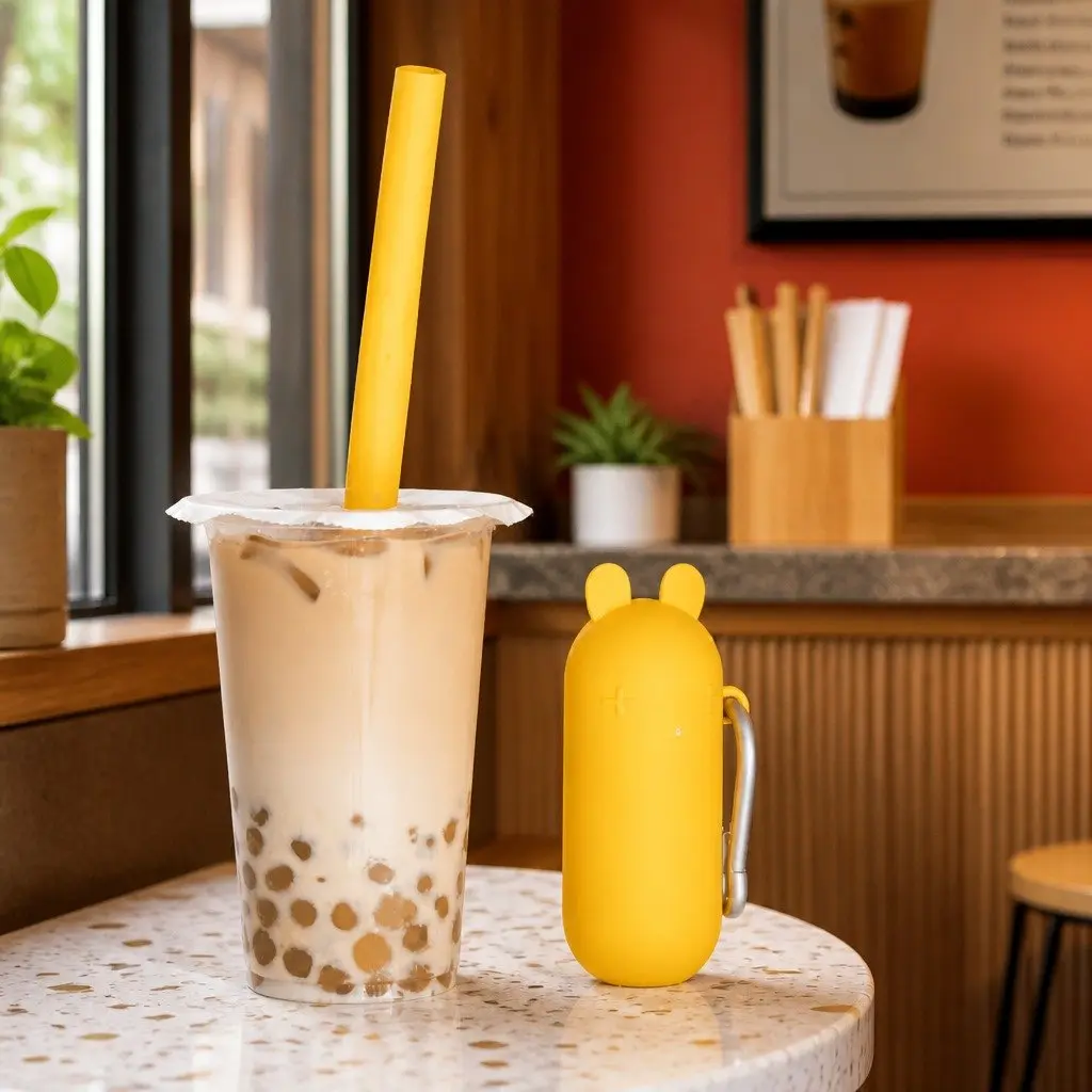 Reusable Bubble Tea Straw Extra-Wide Grey with Cleaner and Travel Case