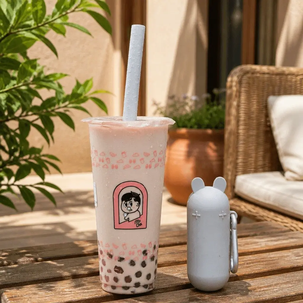 Reusable Bubble Tea Straw Extra-Wide Grey with Cleaner and Travel Case