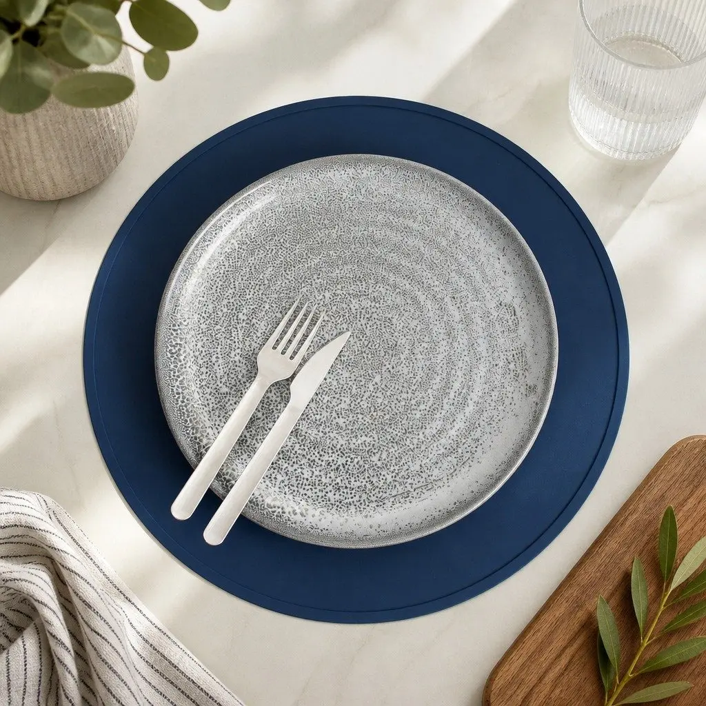 Round Silicone Placemat Navy Non-Slip Dishwasher Safe Kids Family Dining Table