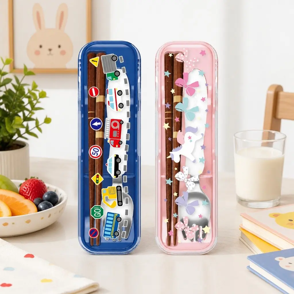 Spork and Chopsticks Set Portable Natural Wood Kids Dining Travel Utensil with Sliding Case