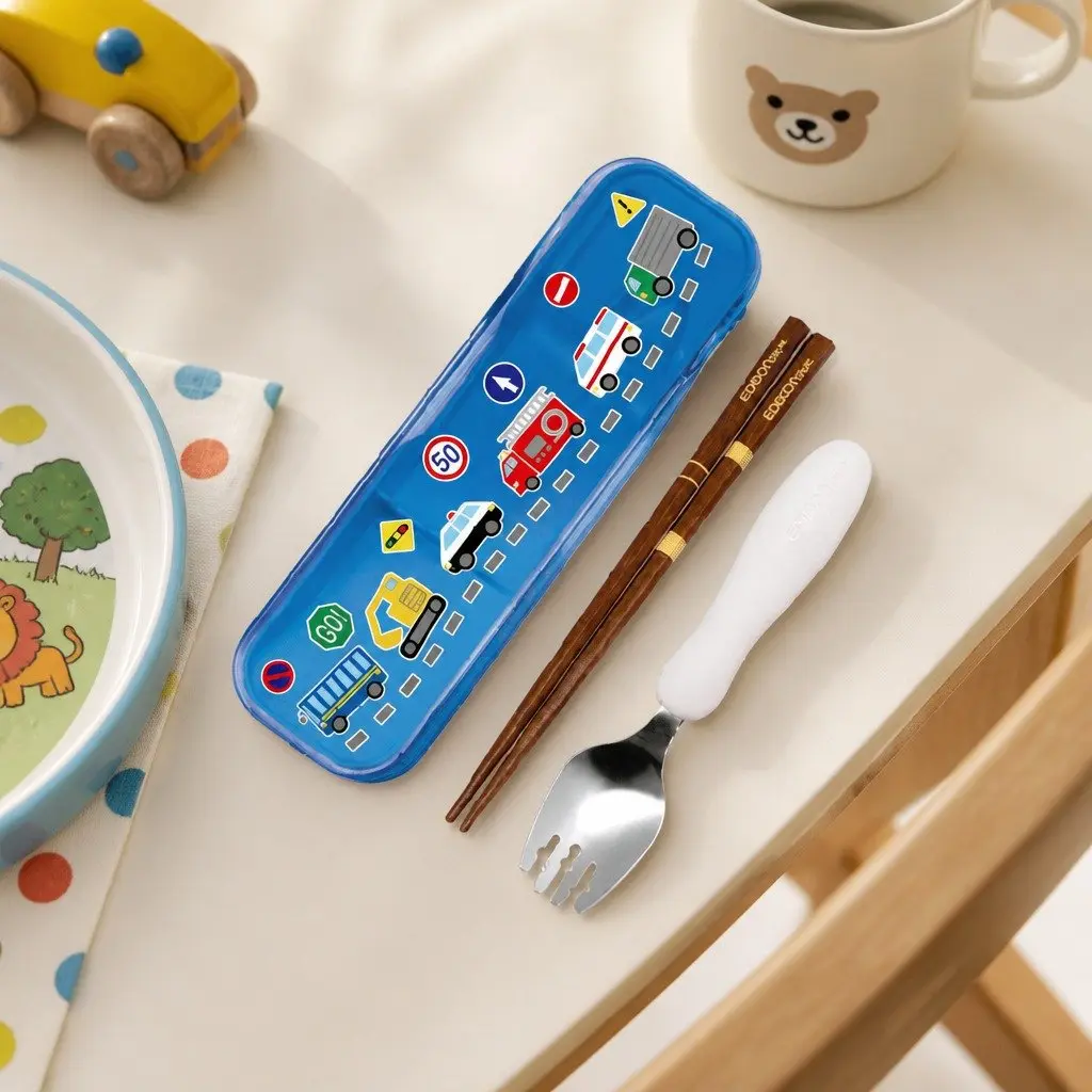 Spork and Chopsticks Set Portable Natural Wood Kids Dining Travel Utensil with Sliding Case
