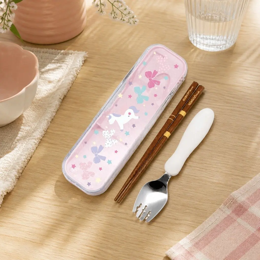 Spork and Chopsticks Set Portable Natural Wood Kids Dining Travel Utensil with Sliding Case