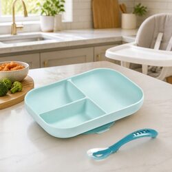Silicone Suction Divided Plate Spoon Set Baby Mealtime Feeding Tableware Blue