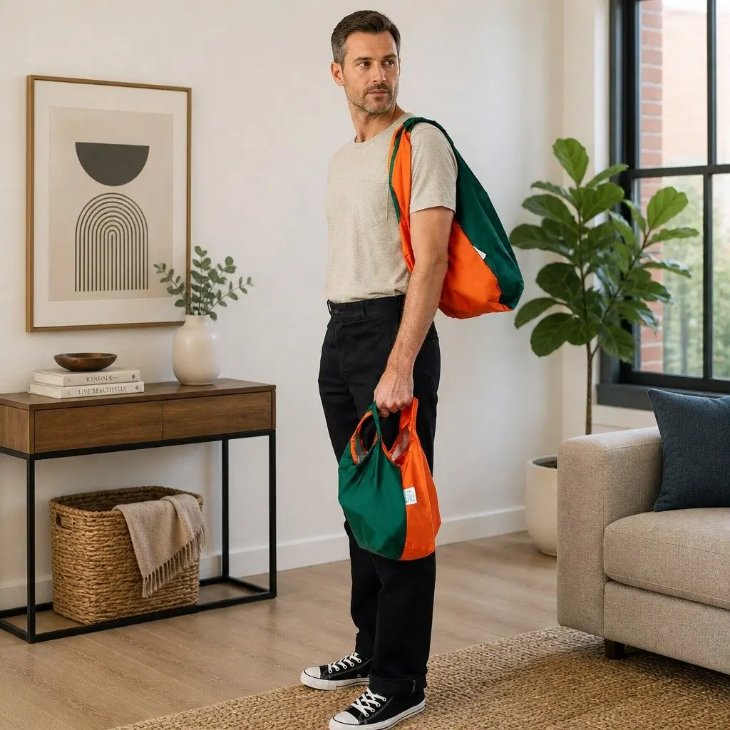 Reusable Shopping Bag Water-Resistant Medium Foldable Grocery Tote Bicolour Green & Orange
