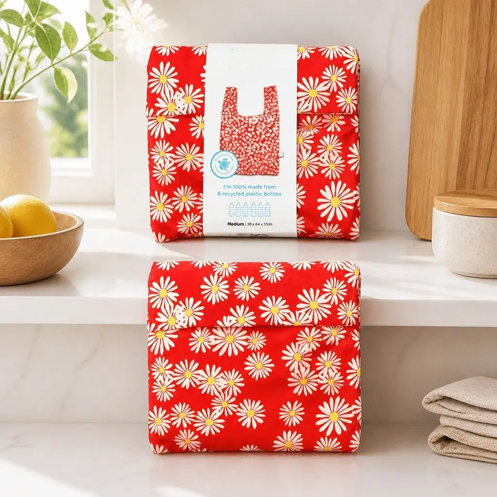 Reusable Shopping Bag Medium Daisy Pattern Foldable Grocery Tote Eco-Friendly
