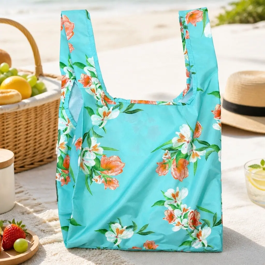 Reusable Shopping Bag Floral Pattern Medium Foldable Recycled Plastic