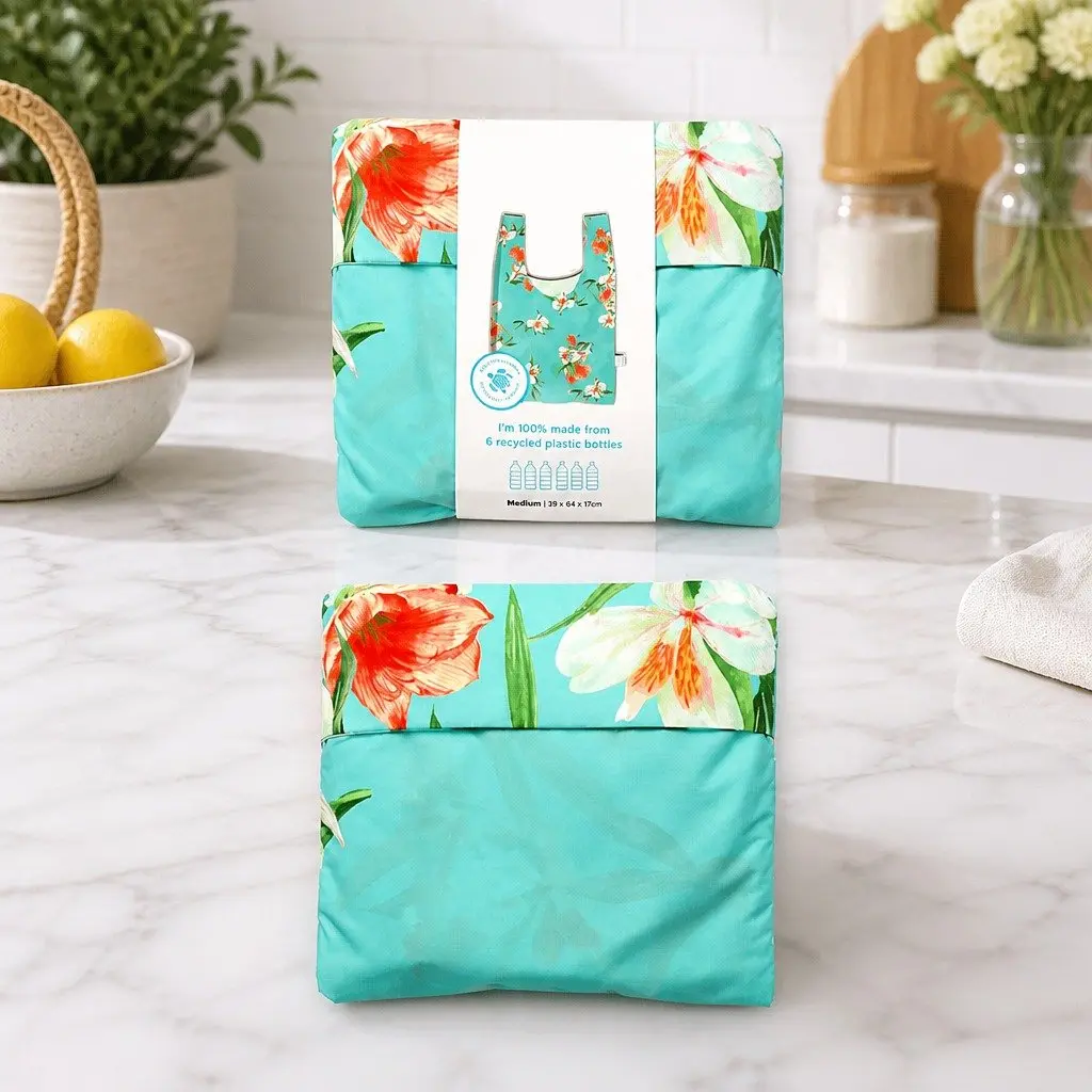 Reusable Shopping Bag Floral Pattern Medium Foldable Recycled Plastic