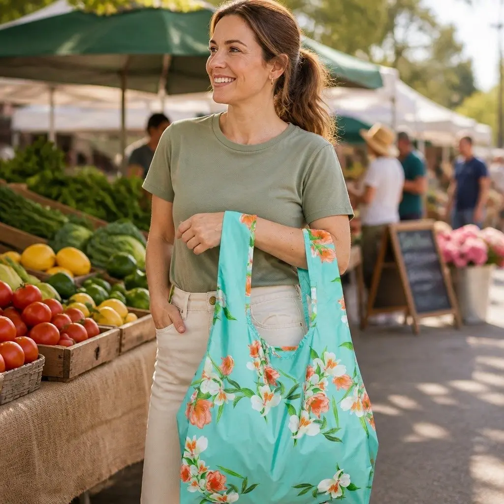 Reusable Shopping Bag Floral Pattern Medium Foldable Recycled Plastic