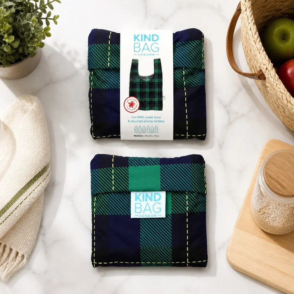 Reusable Shopping Bag Medium Tartan Pattern Foldable Grocery Tote