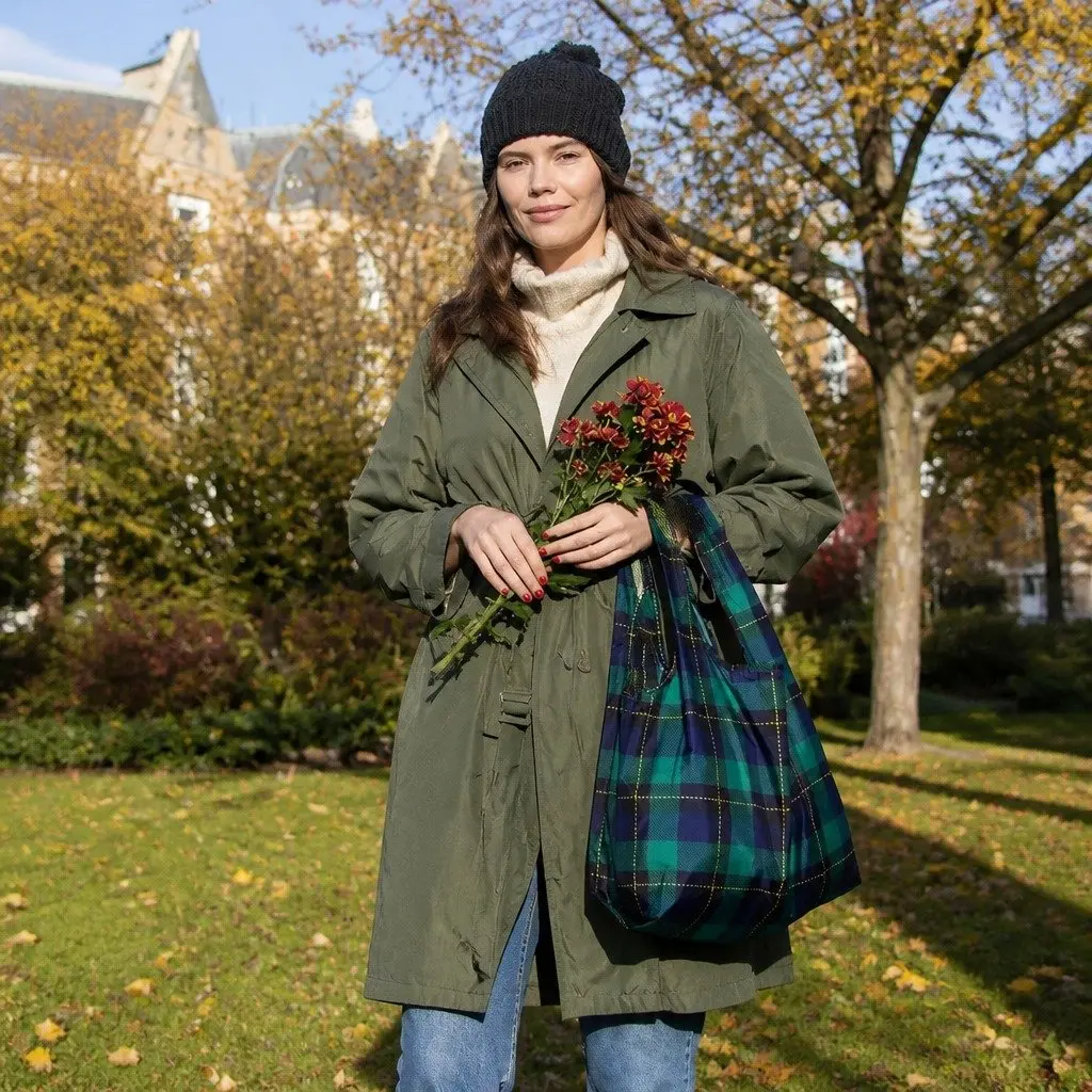Reusable Shopping Bag Medium Tartan Pattern Foldable Grocery Tote
