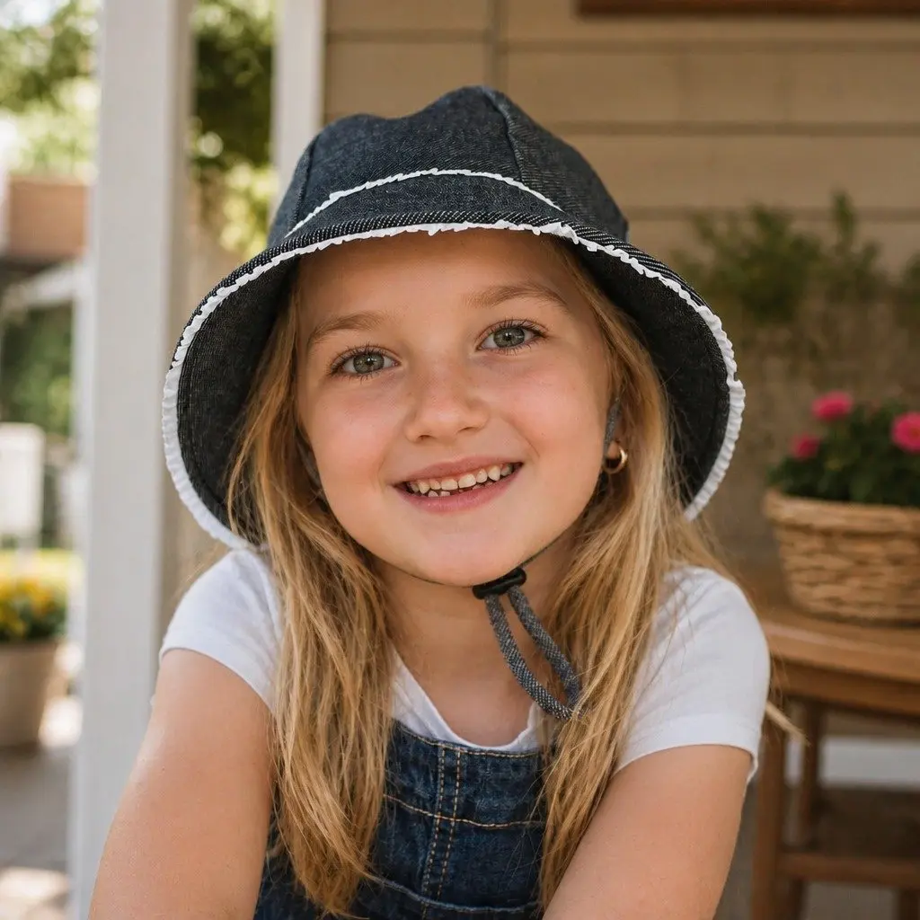 Toddler Bucket Hat Denim Ruffle Trim Soft Flexible Brim Sun Protection S