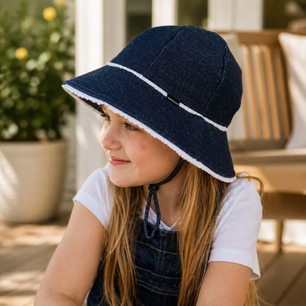 Toddler Bucket Hat Denim Ruffle Trim Soft Flexible Brim Sun Protection S