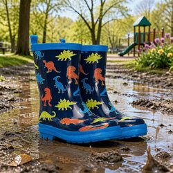 Kids Waterproof Rain Boots Linework Dinos Slip-Resistant Rubber Matte Pink Navy
