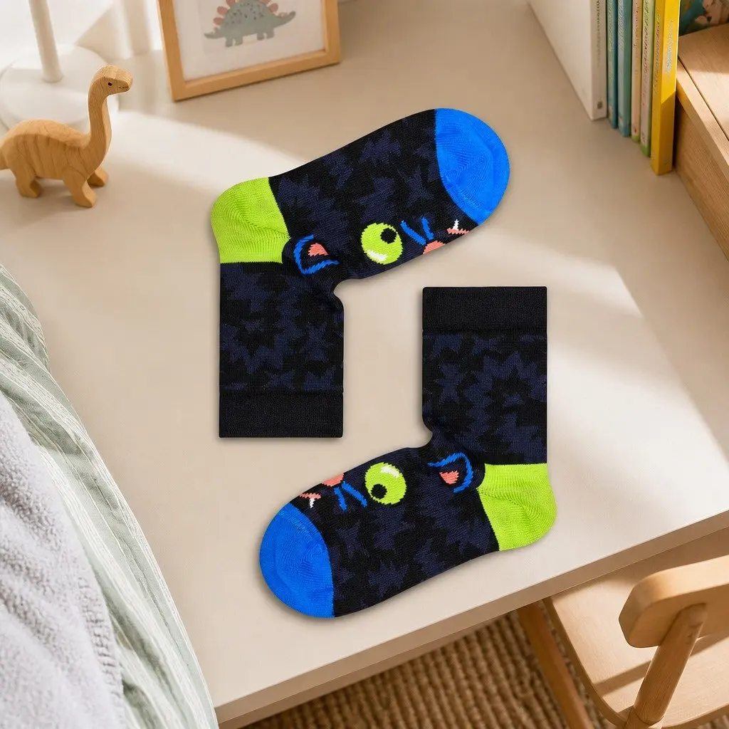 Kids Cat Socks Colourful Combed Cotton Size 4-6 Years Reinforced Heel Toe