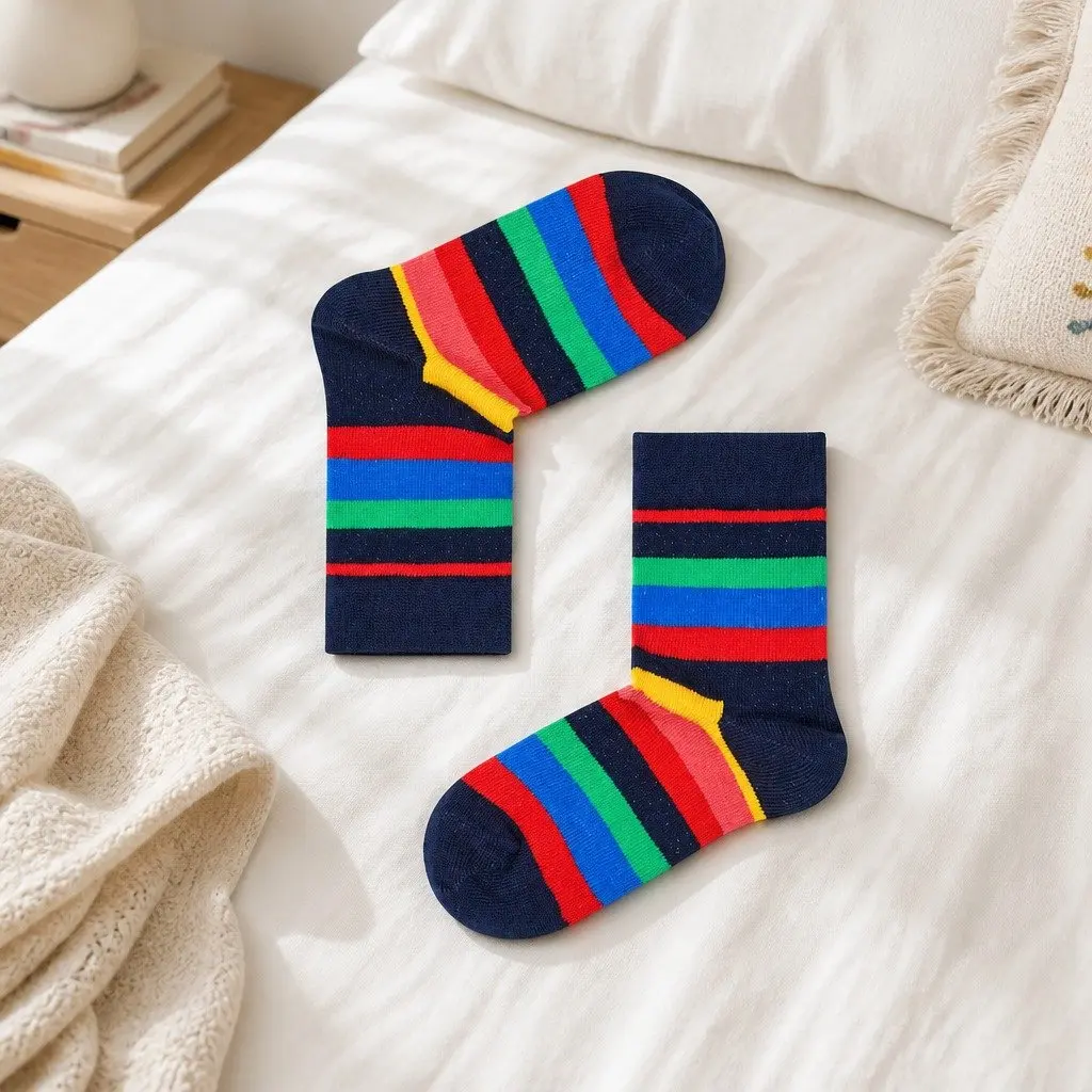 Kids Stripe Socks Combed Cotton Reinforced Heel Toe Size 2-3 Years Colorful