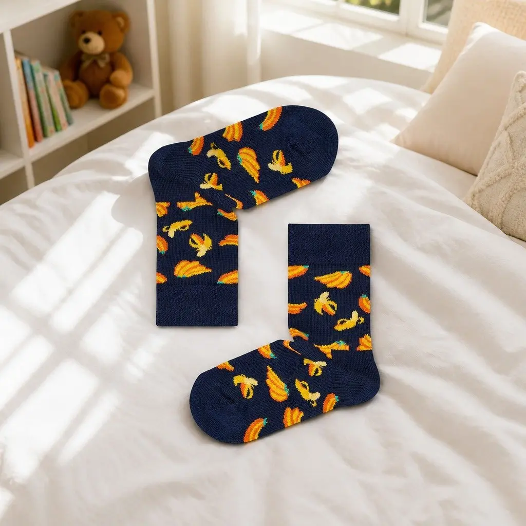 Kids Socks Dark Banana Pattern Combed Cotton Size 2-3 Years Reinforced