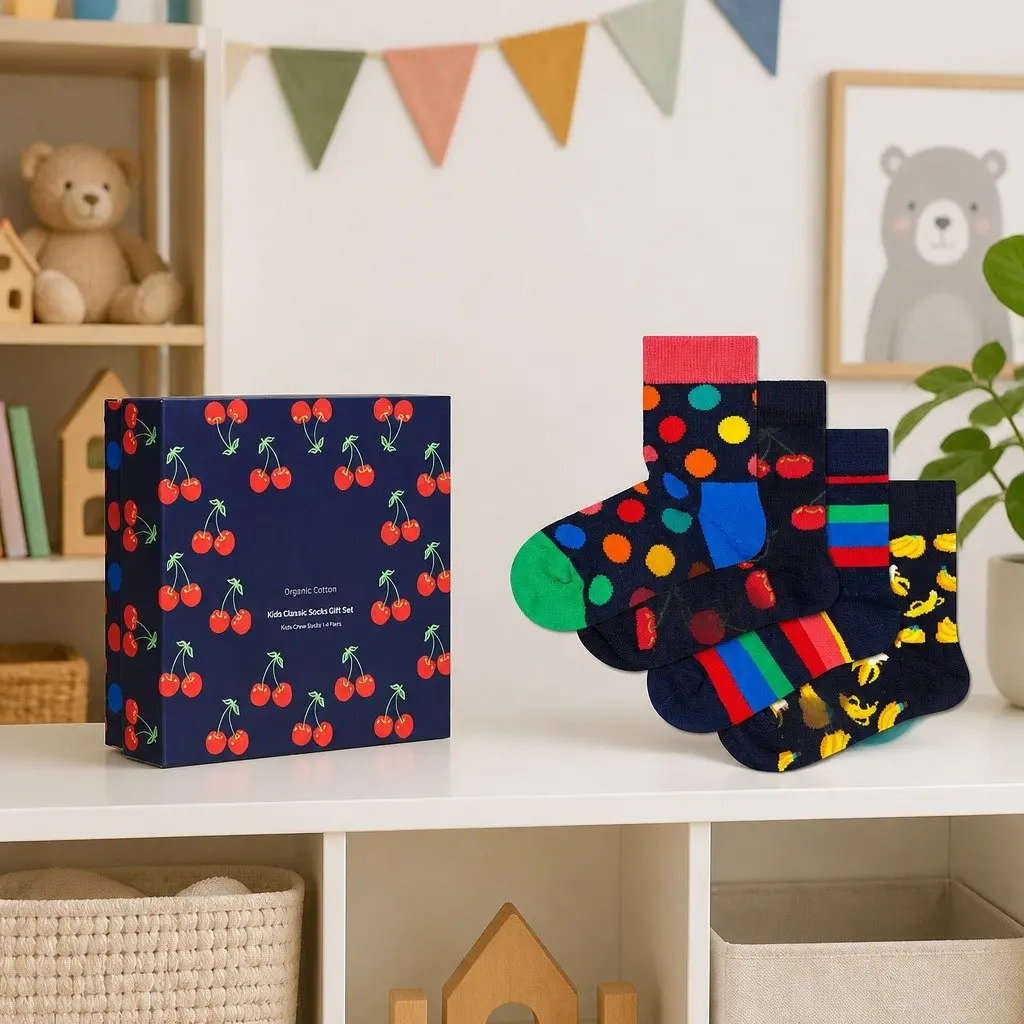 Kids Socks Cherry Print Size 2-3 Years Classic Soft Cotton 4-Pack Gift Set