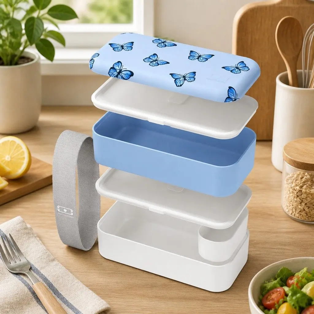 Two Tier Food Container Airtight 1L Lunch Bento Box Microwave Dishwasher Safe Blue