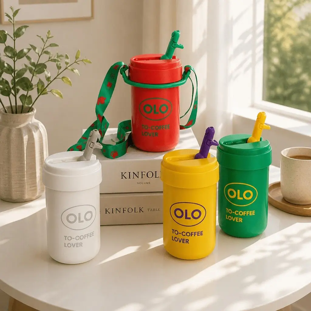 Thermo Coffee Cup Double-Layer Insulated 380ml Portable Drink Bottle with Strap