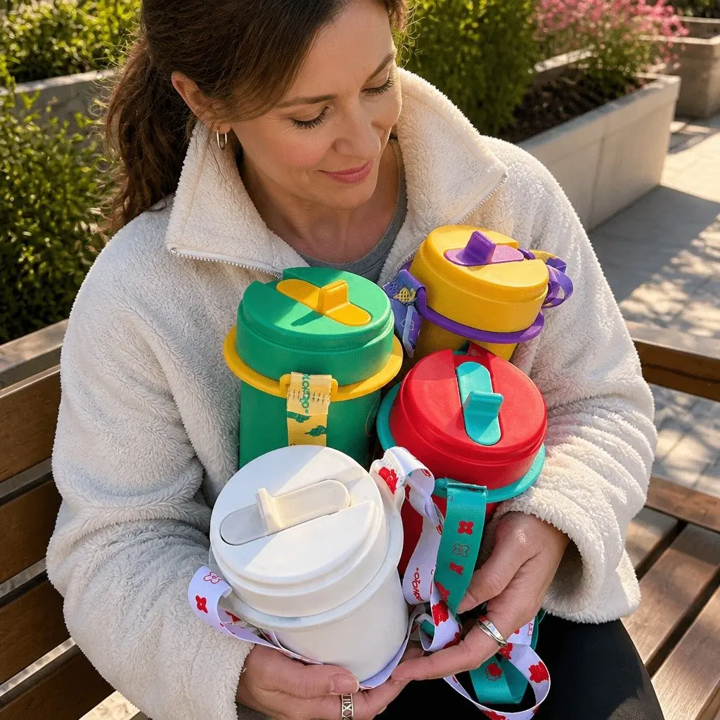 Thermo Coffee Cup Double-Layer Insulated 380ml Portable Drink Bottle with Strap