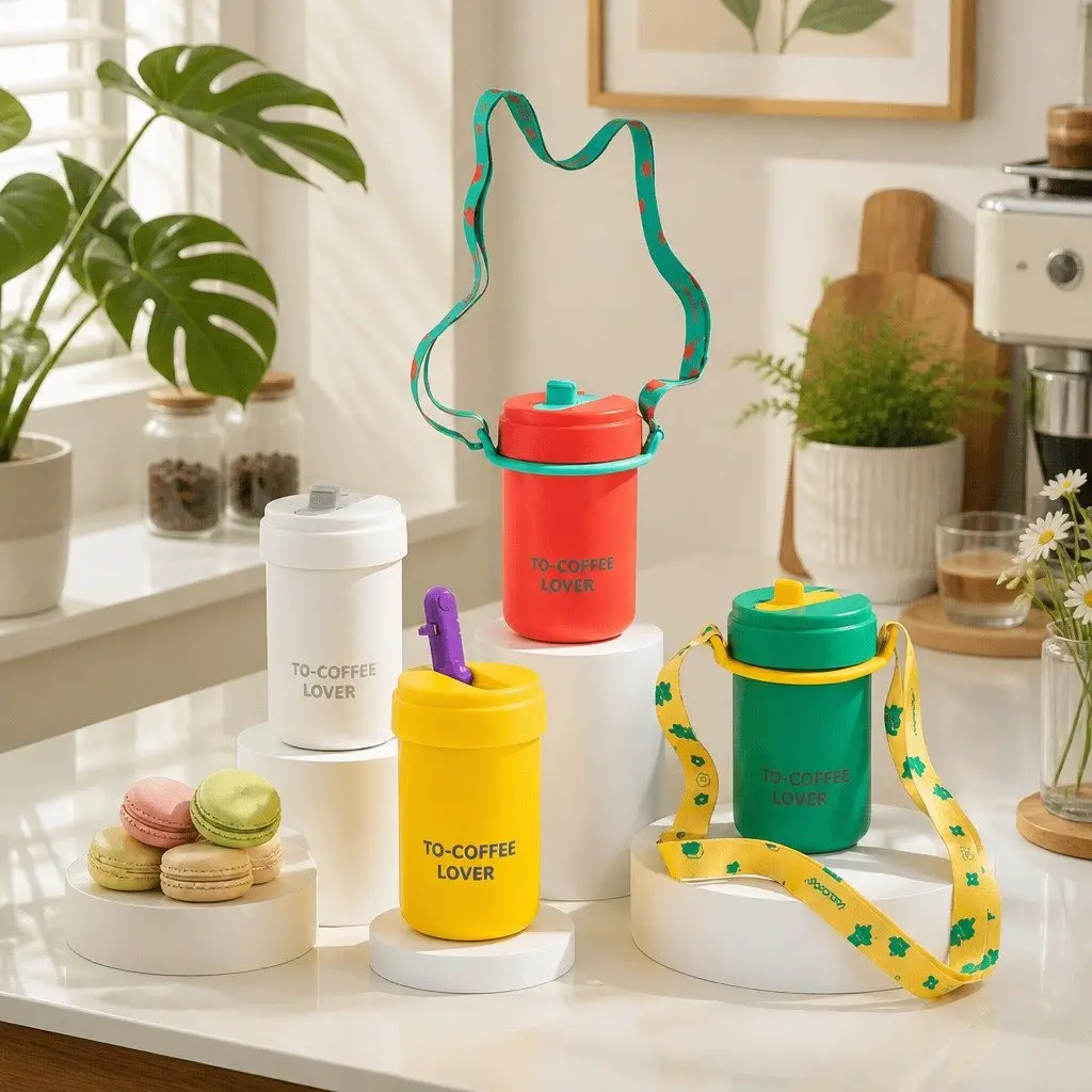 Thermo Coffee Cup Double-Layer Insulated 380ml Portable Drink Bottle with Strap