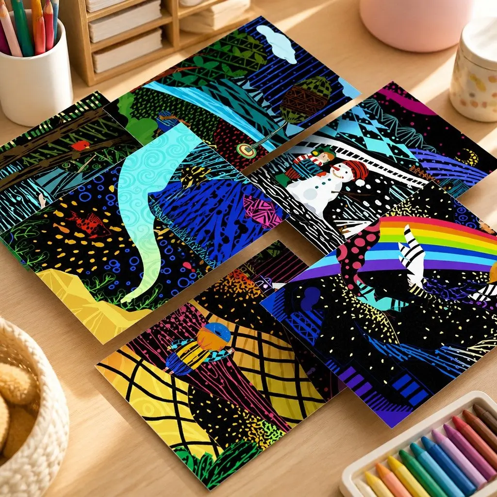 Creative Kids Scratch Art Set Double-Layered Paper 3 Themes 6 Pictures Each