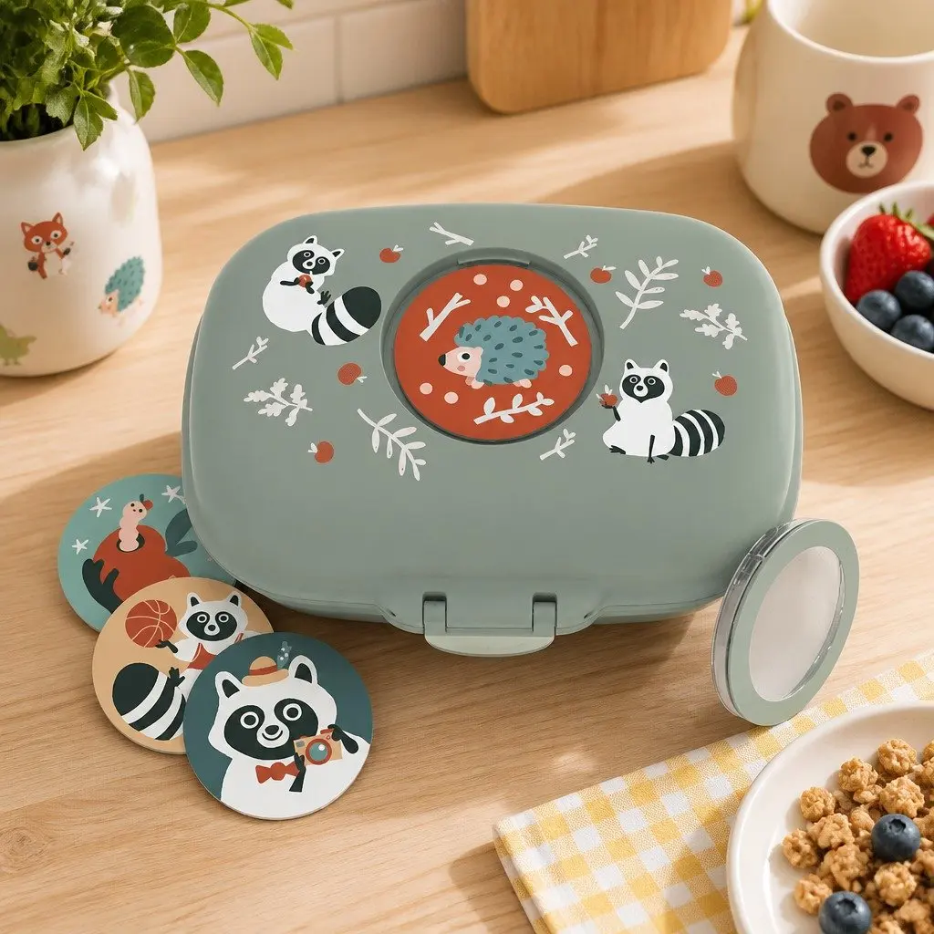 Kids Snack Lunch Box Portable Green Raccoon Print 14.8 x 7 x 11.4 cm