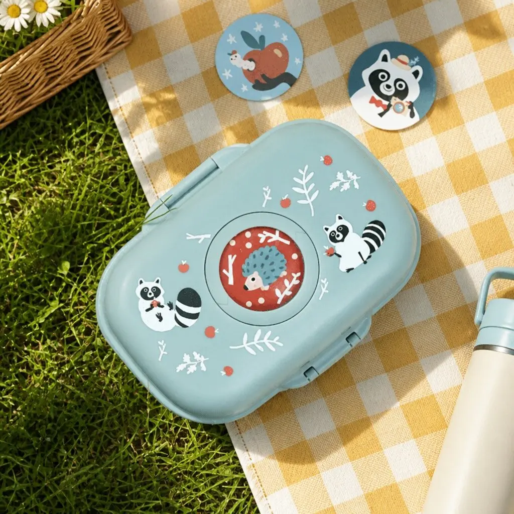 Kids Snack Lunch Box Portable Green Raccoon Print 14.8 x 7 x 11.4 cm