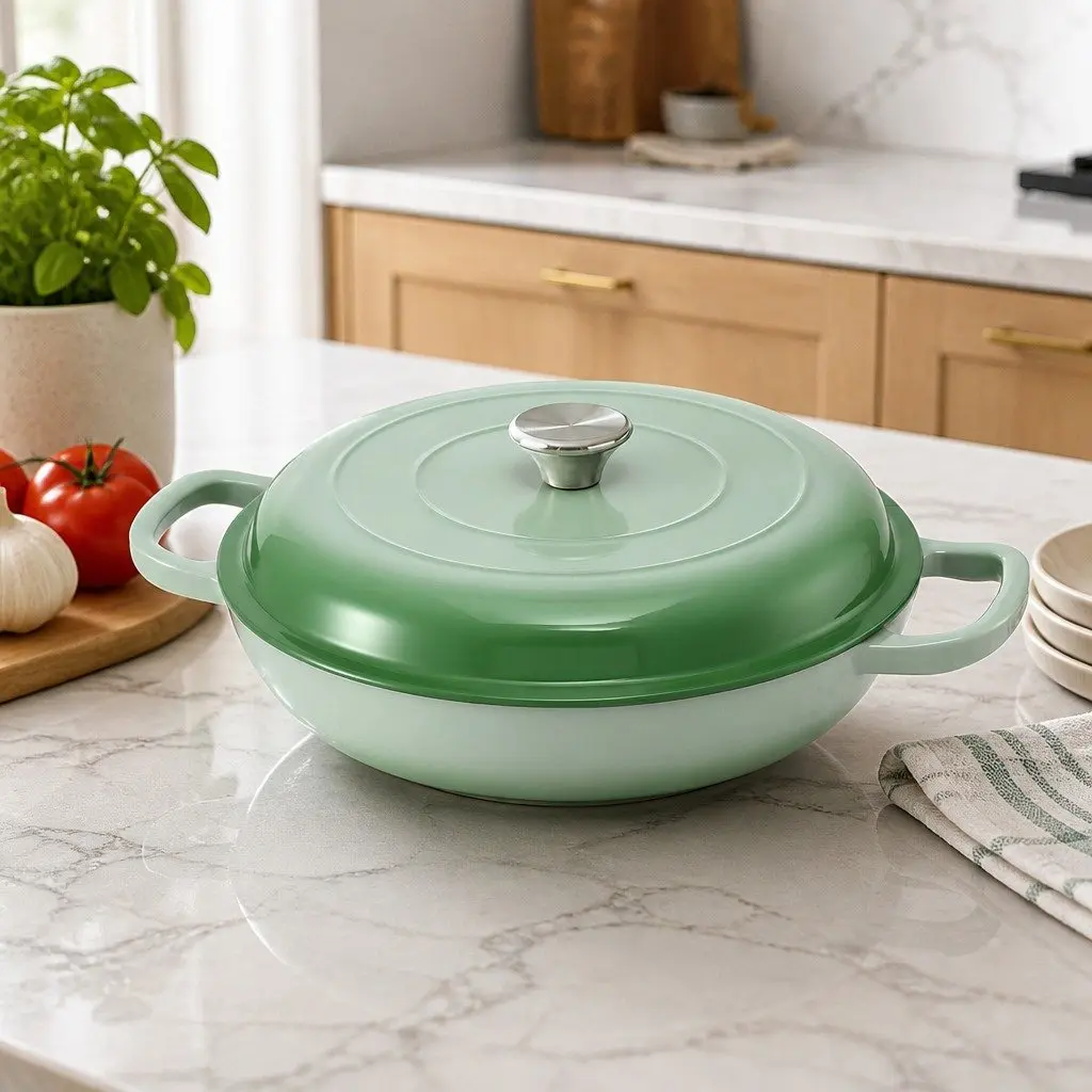Enameled Cast Iron Dutch Oven Pot 3.3L Green Lid Bread Baking Braising Stewing