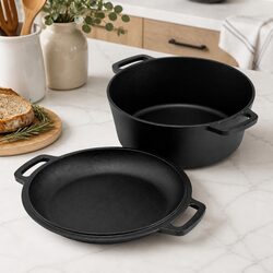 5L Cast Iron Dutch Oven Pot with Lid Dual Handles Black 2-in-1 Bread Baking