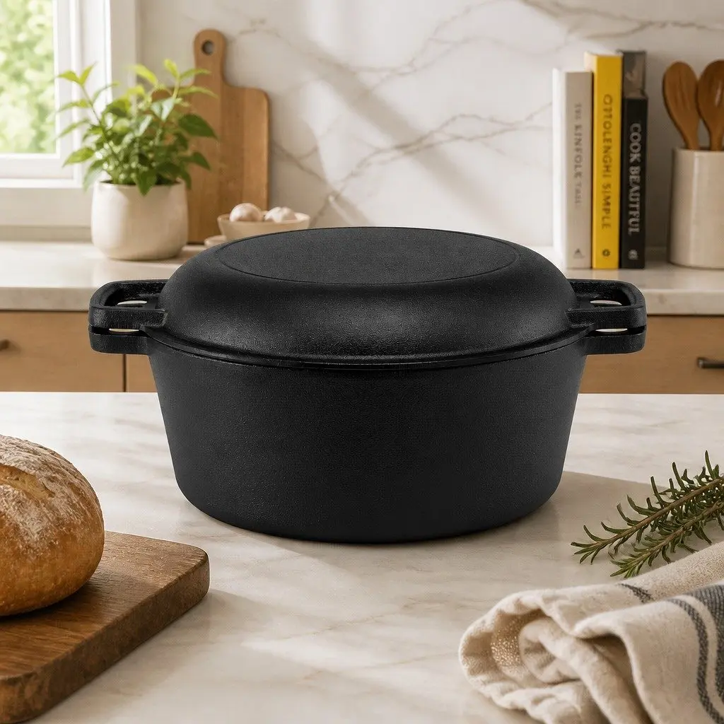 5L Cast Iron Dutch Oven Pot with Lid Dual Handles Black 2-in-1 Bread Baking