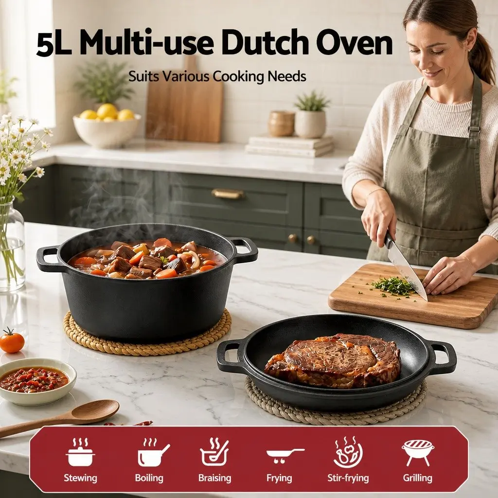 5L Cast Iron Dutch Oven Pot with Lid Dual Handles Black 2-in-1 Bread Baking