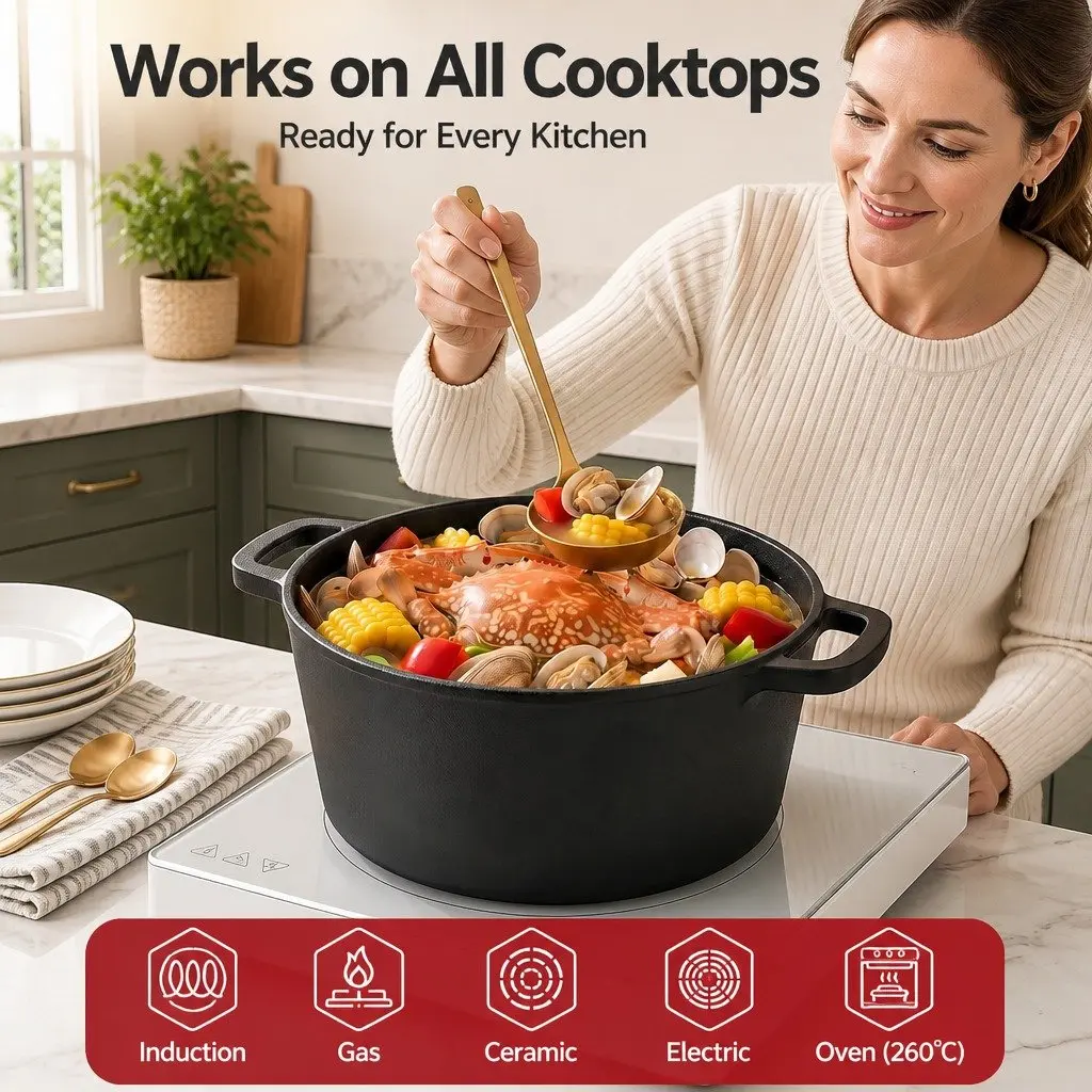 5L Cast Iron Dutch Oven Pot with Lid Dual Handles Black 2-in-1 Bread Baking