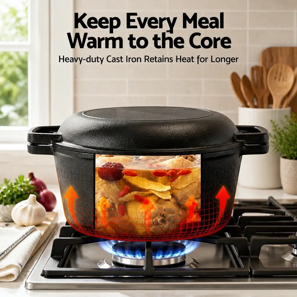 5L Cast Iron Dutch Oven Pot with Lid Dual Handles Black 2-in-1 Bread Baking