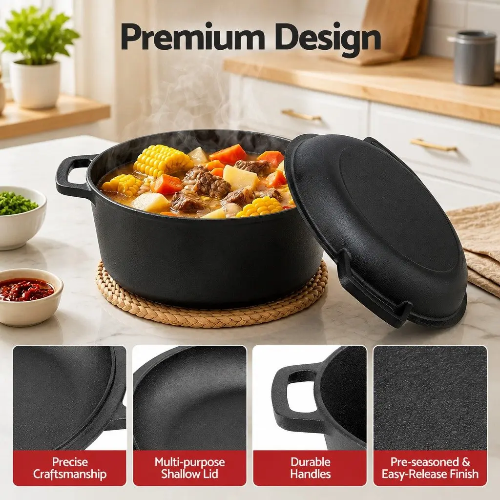 5L Cast Iron Dutch Oven Pot with Lid Dual Handles Black 2-in-1 Bread Baking
