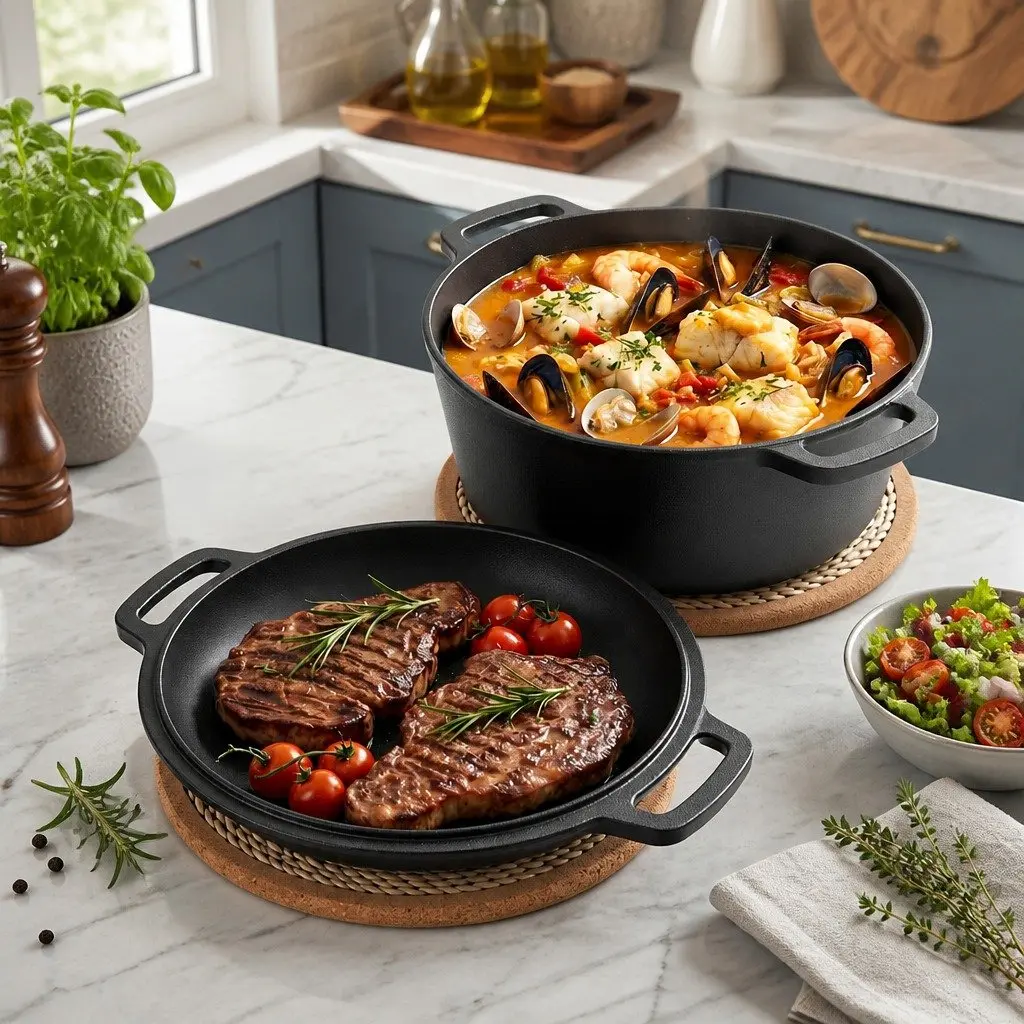 5L Cast Iron Dutch Oven Pot with Lid Dual Handles Black 2-in-1 Bread Baking