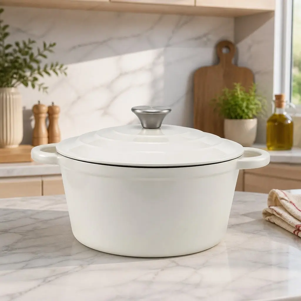 Enameled Cast Iron Dutch Oven Pot White 3.8L with Lid for Braising Stewing Roasting Bread Baking