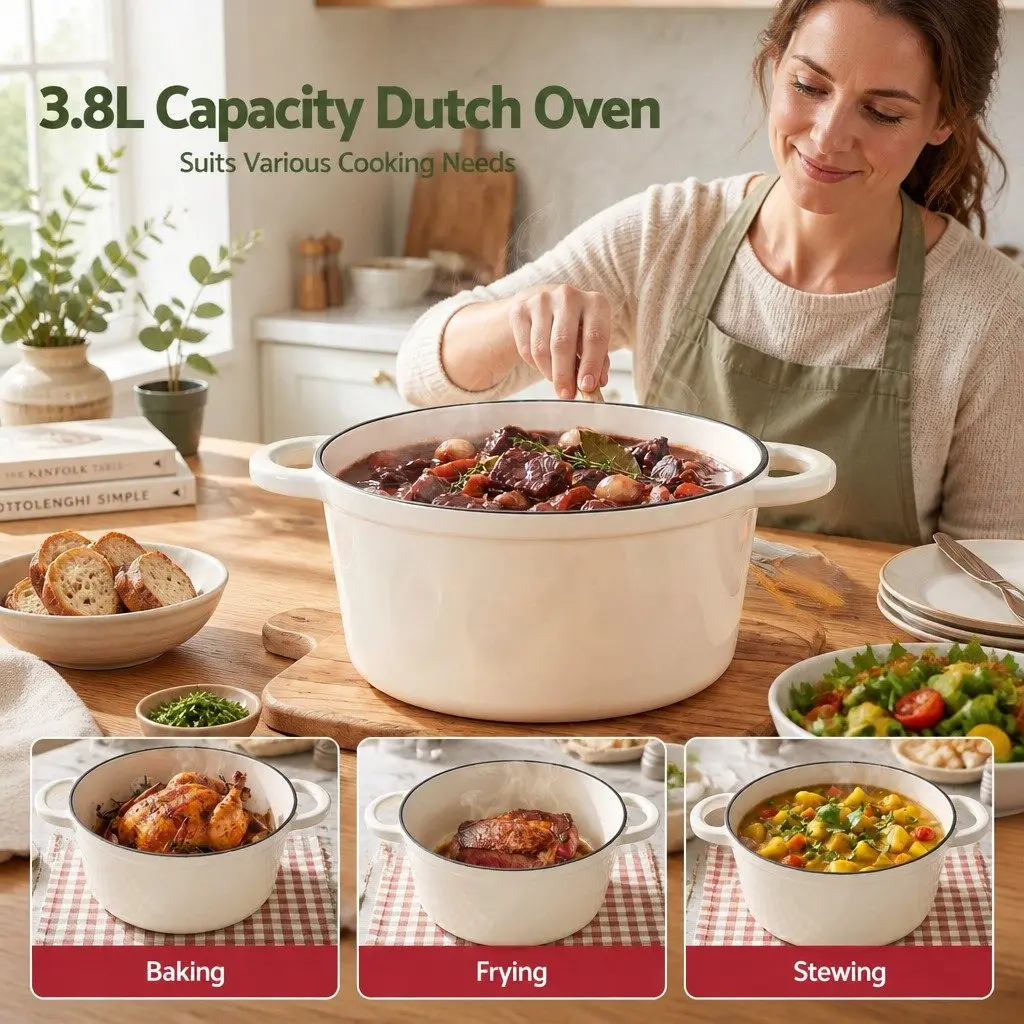 Enameled Cast Iron Dutch Oven Pot White 3.8L with Lid for Braising Stewing Roasting Bread Baking