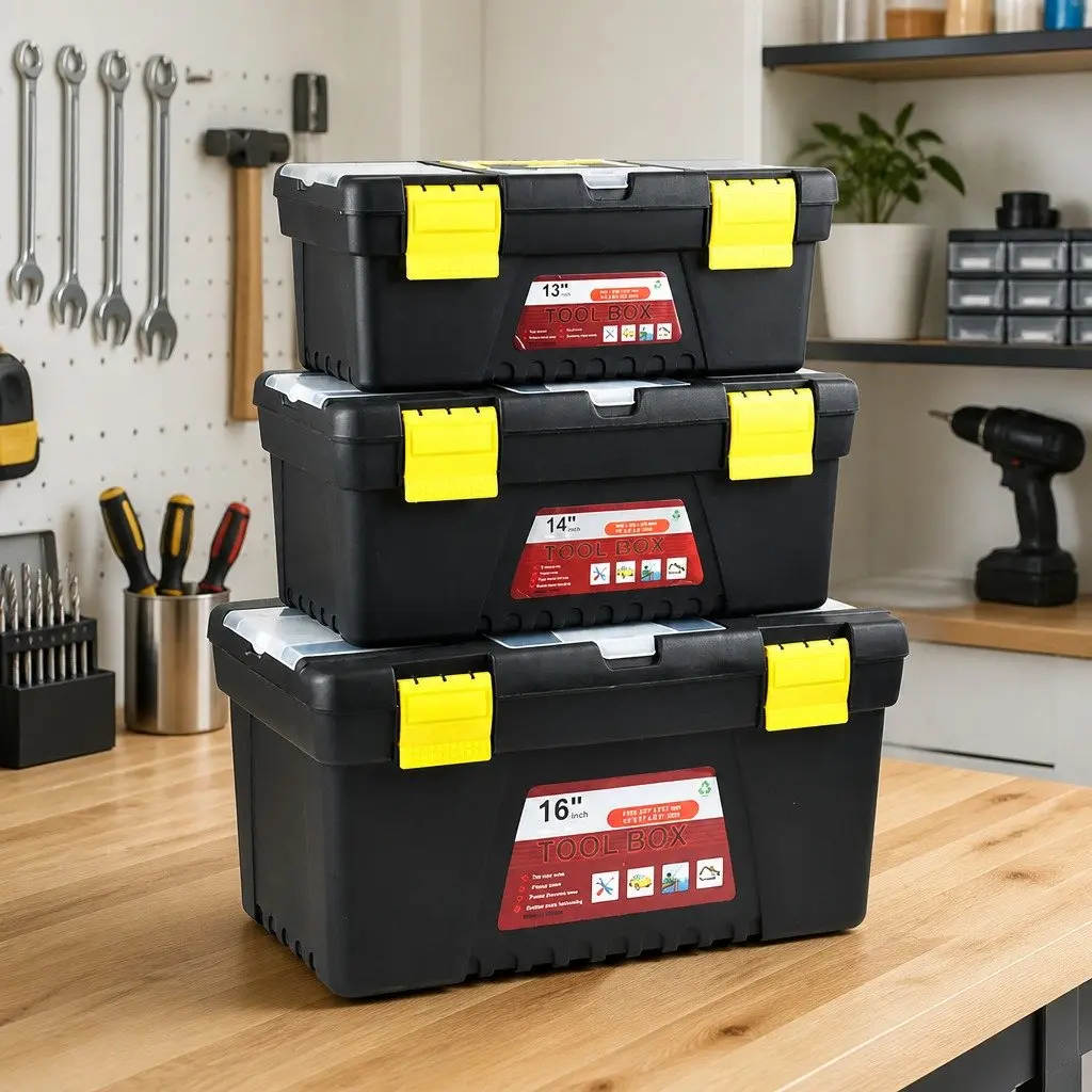 Tool Box Set Portable Heavy Duty 3 Piece Organizer with Multiple Compartments and Removable Tray