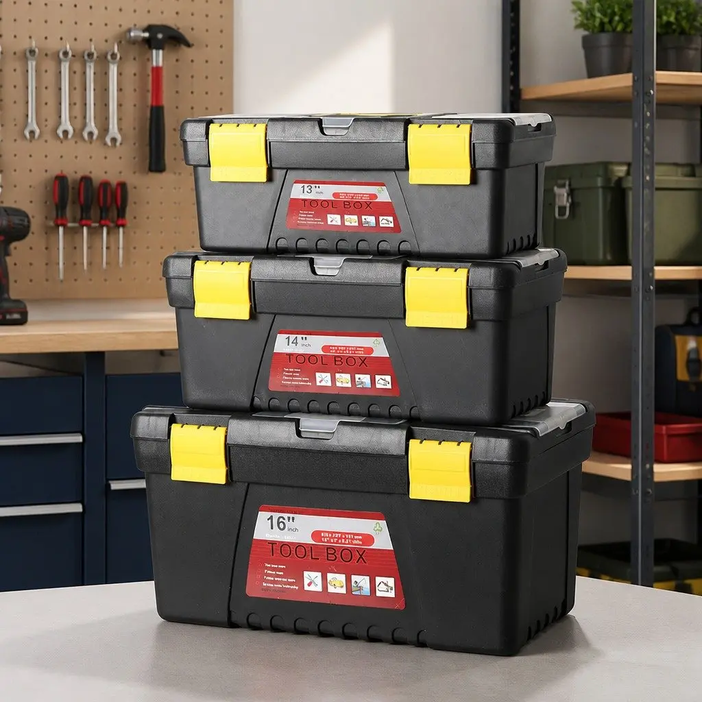 Tool Box Set Portable Heavy Duty 3 Piece Organizer with Multiple Compartments and Removable Tray