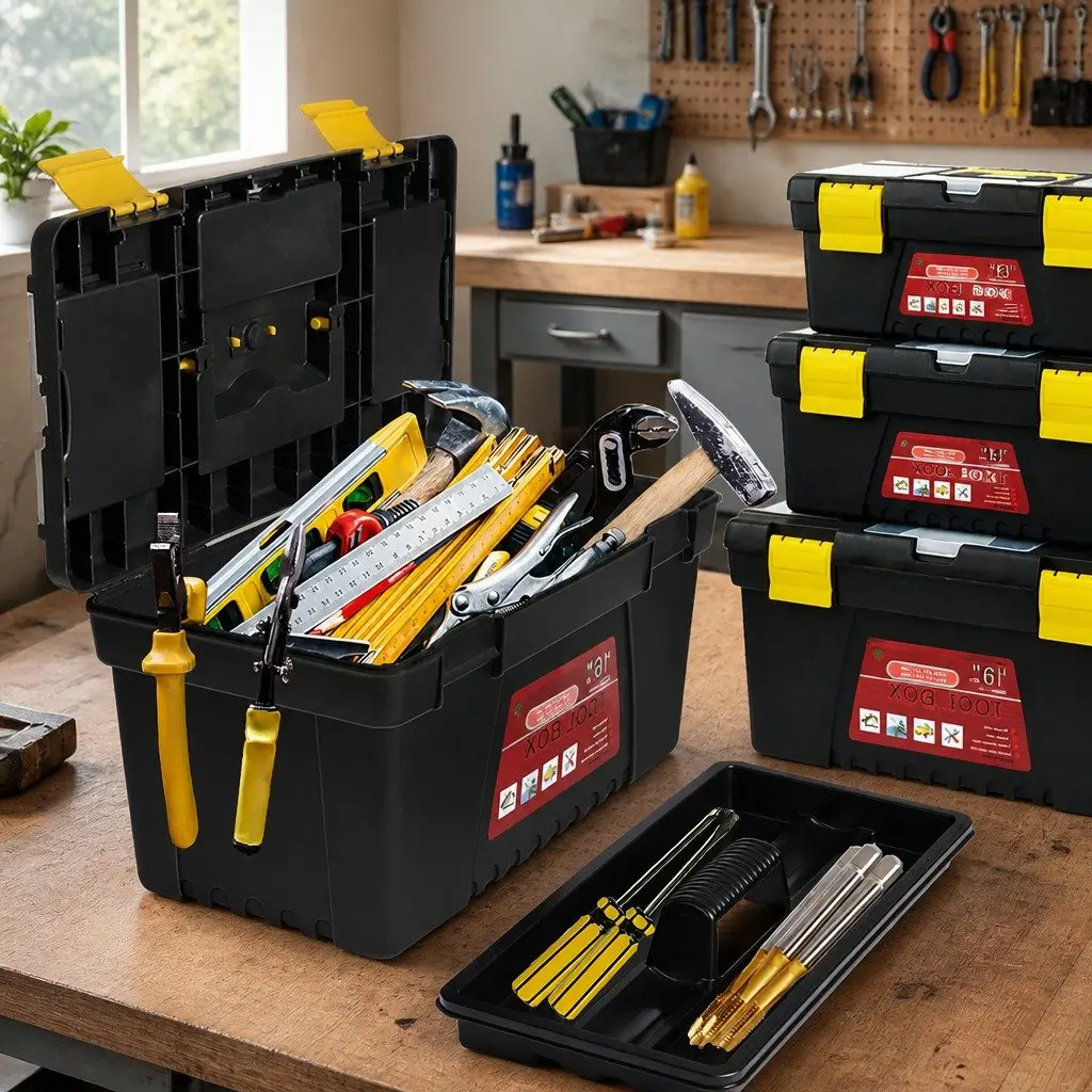Tool Box Set Portable Heavy Duty 3 Piece Organizer with Multiple Compartments and Removable Tray