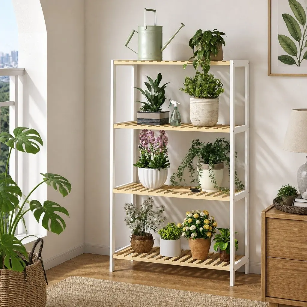 Bamboo Storage Rack 4 Tier Shelf Shoe Organiser Shelving Unit Bathroom Plant