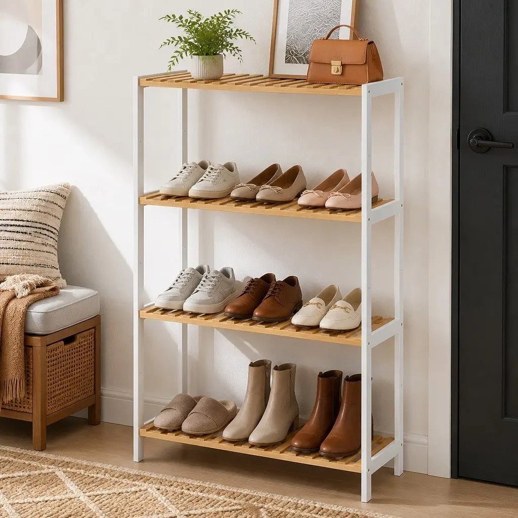 Bamboo Storage Rack 4 Tier Shelf Shoe Organiser Shelving Unit Bathroom Plant