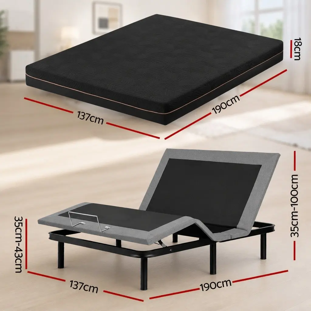 Double Adjustable Bed Frame with Memory Foam Mattress Independent Head Foot Positioning 18cm
