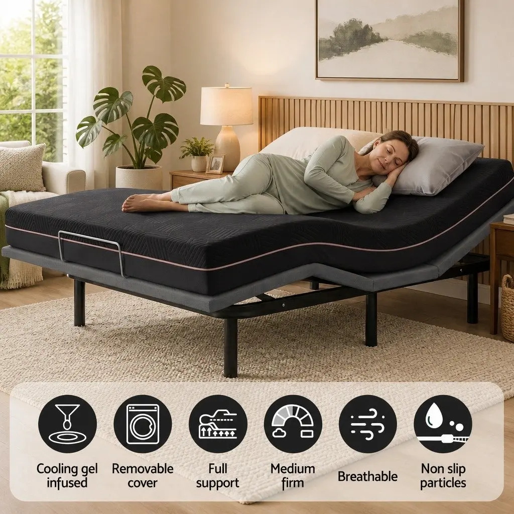 Double Adjustable Bed Frame with Memory Foam Mattress Independent Head Foot Positioning 18cm