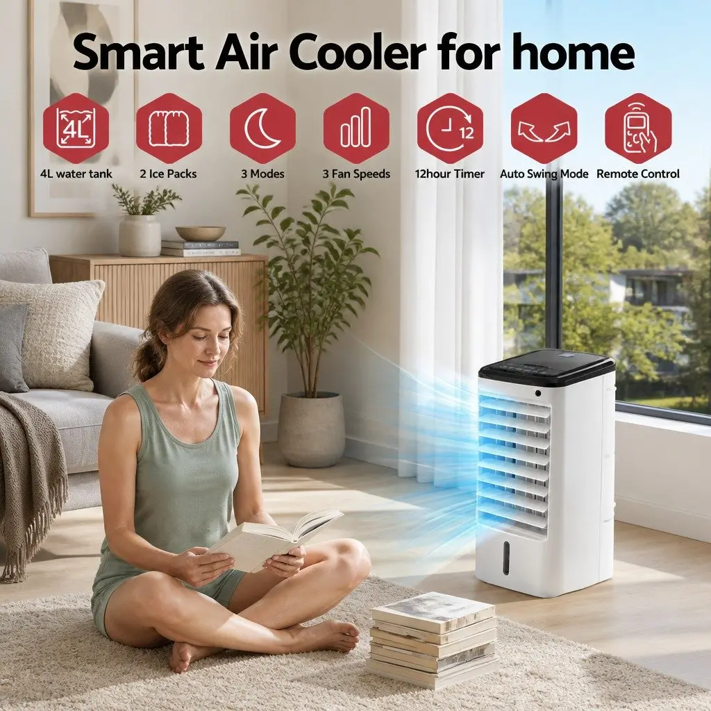 Evaporative Cooler 4L Tank 3-in-1 Humidifier Fan Remote Control White